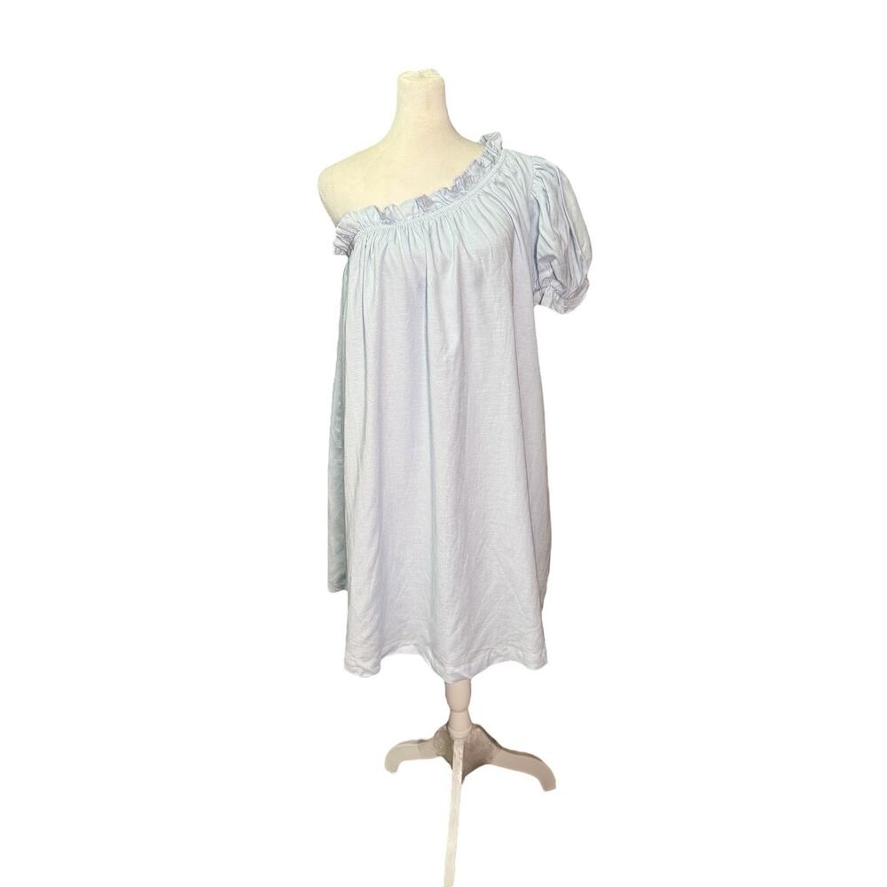 MABLE One Shoulder Puff Sleeve Pastel Blue Romantic Core Linen Blend Dress Sz S